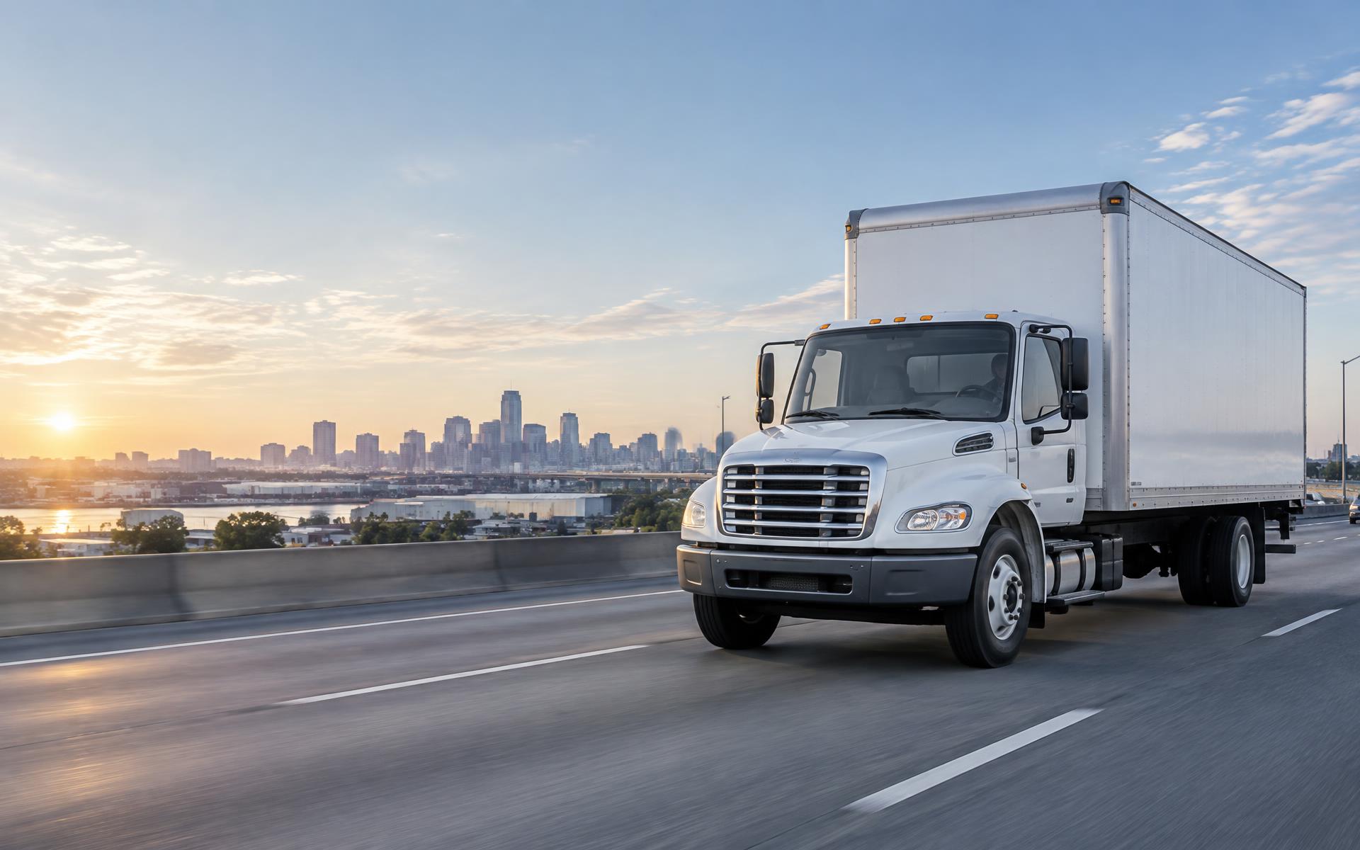 White 26ft box truck traveling on an interstate