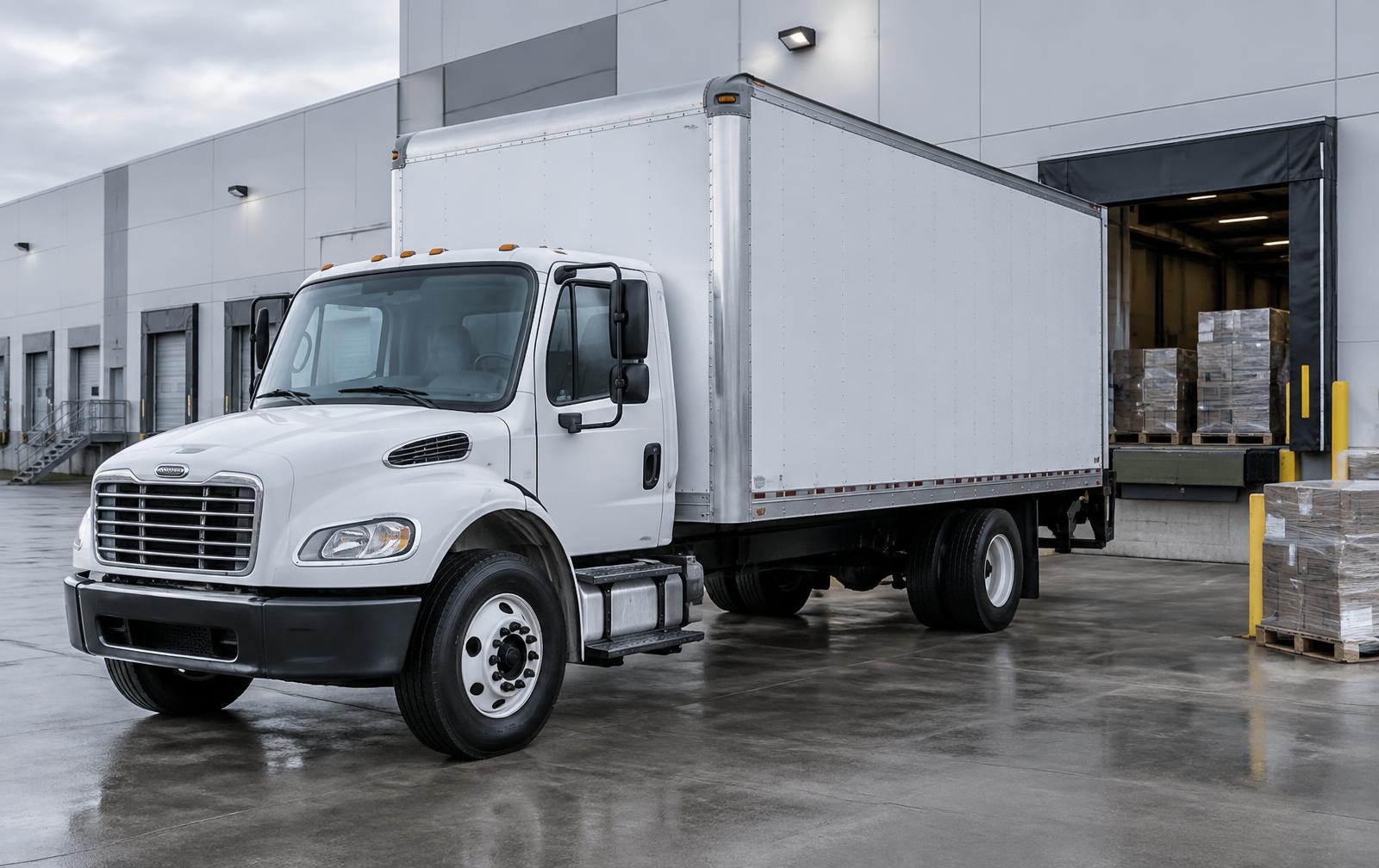 White 26ft box truck at a warehouse loading area
